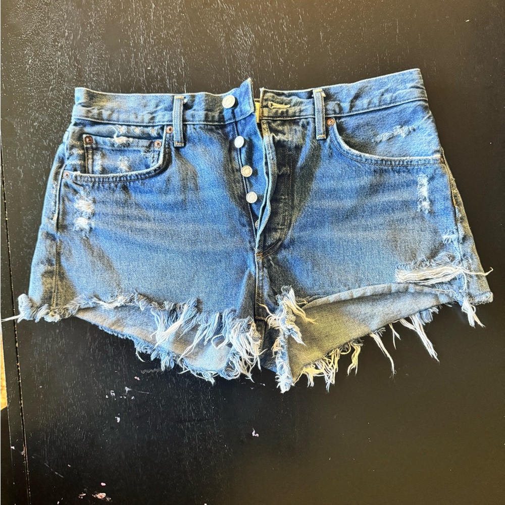 Agolde Frayed Hem Blue Jean Shorts
